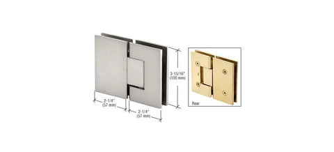 Badass Tough Solid Brass Glass To Glass Hinge In Sleek Satin Chrome showing dimensions with a gold rear view for frameless shower doors.
