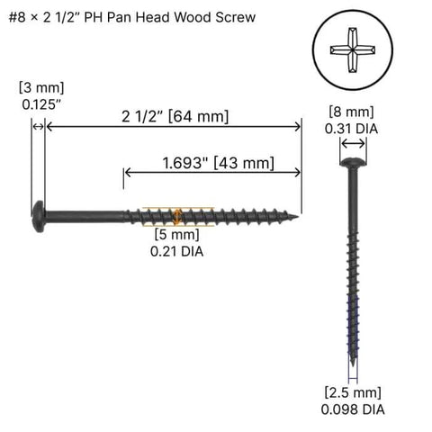 Diagram of Size 8 Wood Thread Pan Head Screws With Phillips Drive 2 Point 5 Inch Black Phosphate Coated Steel Sharp Point Rust Resistant