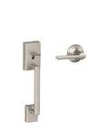 Front Entry Door Handle Set With Satin Nickel Finish, Latitude Interior Lever, No-Drill Adjustable Through-Bolts for easy install