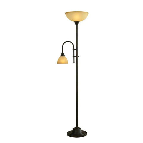 Amazing Transitional Bronze Torchiere Floor Lamp With Vintage Style Amber Scavo Glass Shade Adds Elegant Touch To Industrial Decor Stands 71.5 Inches Tall Perfect For Living Room And Home Office Lighting, featuring two amber glass shades on a bronze stand.