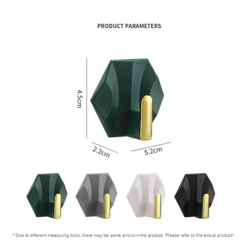 Sleek Adhesive Wall Hooks 4 Pack With Super Tough Grip Tape displayed in green, grey, white, and black colors, 4.5cm height.