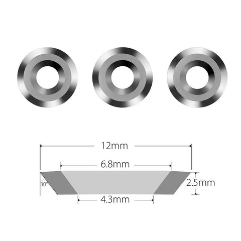 Badass Heavy Duty 3 Piece 12mm Round Carbide Finisher Blades With Negative Rake Angle And Slick Quick Swap Replacement Cutters dimensions and design.