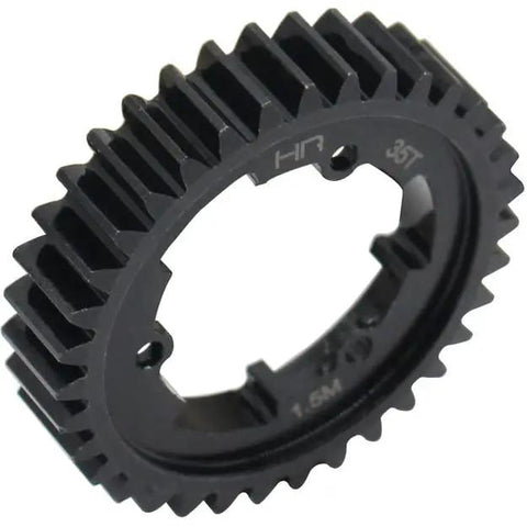 Beefy 35 Tooth Mod 1.5 Steel Spur Gear for Traxxas RC Cars, hardened steel construction, black oxide finish, laser etched tooth count.