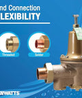 Watts LF25AUB-Z3 brass water pressure reducing valve, 3/4 inch NPT female unions (front-right view)