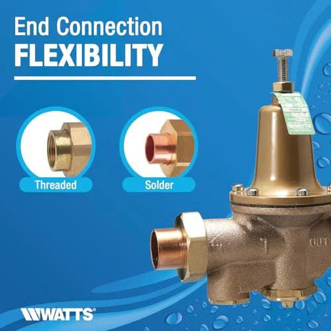 Watts LF25AUB-Z3 brass water pressure reducing valve, 3/4 inch NPT female unions (front-right view)
