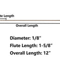 Dimensions of M35 Cobalt Drill Bit 1/8 X 12 Inch showing diameter and lengths for precision drilling.