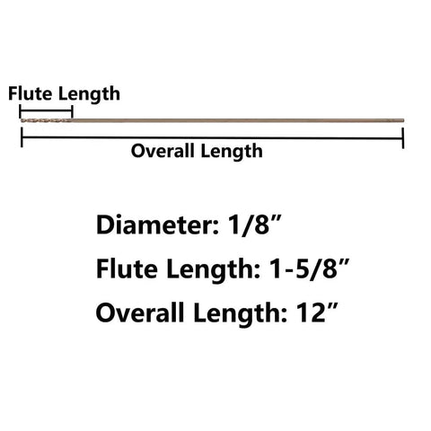 Dimensions of M35 Cobalt Drill Bit 1/8 X 12 Inch showing diameter and lengths for precision drilling.