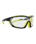 144 Pairs of Anti Fog Safety Glasses Featuring Sporty Wraparound Lenses, black and yellow design, side view, protective eyewear for work.