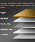 Metal sheets for 24 Inch Industrial Magnetic Pan And Box Heavy Duty Sheet Metal Brake with labels: copper, mild steel, stainless steel, galvanized steel, aluminum.