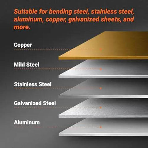Metal sheets for 24 Inch Industrial Magnetic Pan And Box Heavy Duty Sheet Metal Brake with labels: copper, mild steel, stainless steel, galvanized steel, aluminum.