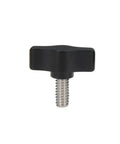 Four Piece Pack Of One Quarter Twenty By Half Inch Thumb Screws With Slick Black Aluminum Knobs And Rust Proof Stainless Steel Coarse Threads built for easy install, showcasing a single black thumb screw.