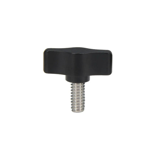 Four Piece Pack Of One Quarter Twenty By Half Inch Thumb Screws With Slick Black Aluminum Knobs And Rust Proof Stainless Steel Coarse Threads built for easy install, showcasing a single black thumb screw.