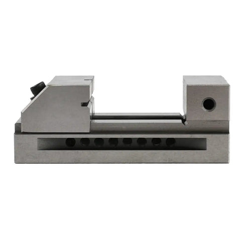 Dead Nuts Precise 2 Inch Fast Moving Machine Vise Built Like A Tank From Quality Alloy Steel Featuring Slick Sliding Jaws and Quick Swap Orientations for Heavy Milling Grind and EDM Work side view of solid construction.