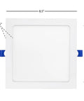8 Inch Square Slim Recessed LED Downlight, 5 Selectable Color Temperatures, 1600 Lumens, No Sweat Switch Install, Top Shelf White Trim dimensions displayed