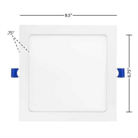 8 Inch Square Slim Recessed LED Downlight, 5 Selectable Color Temperatures, 1600 Lumens, No Sweat Switch Install, Top Shelf White Trim dimensions displayed