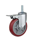 Rugged Heavy Duty Swivel Casters With M12 Threaded Studs Dead Silent Pu Wheels Secure Locking Brakes, showing a swivel caster with red PU wheel.