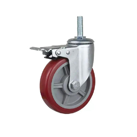 Rugged Heavy Duty Swivel Casters With M12 Threaded Studs Dead Silent Pu Wheels Secure Locking Brakes, showing a swivel caster with red PU wheel.