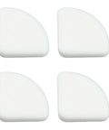 Four white silicone corner guards on a white background, part of a 36 pack baby safe edge bumpers, white edge protectors for tables, desks.