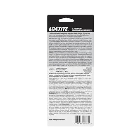Loctite PL Premium polyurethane construction adhesive, 4 fl oz squeeze tube, back of package.