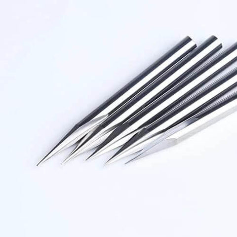 Five carbide router bits with 1/8-inch shanks and 30-degree V-groove engraving tips for acrylic, wood, PVC