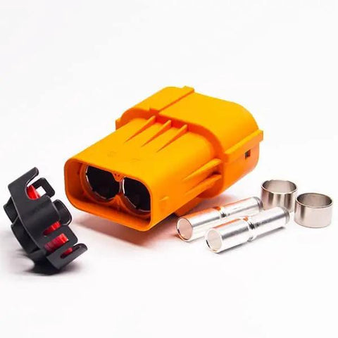 Heavy Duty High Voltage Safety Lock Connector 2 Pin 150 Amp EV Battery Plug with housing and metal terminals, industrial grade, waterproof.