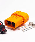 Heavy Duty High Voltage Safety Lock Connector 2 Pin 150A Max For EV Battery Modules With Multi Position Coding and Weather Tight Seal, orange and black with contacts.