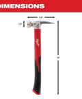Smooth Poly Fiberglass Hammer With Rubber Overmold Handle 19oz Pro-Grade Workhorse Magnetic Nail Set shown with dimensions