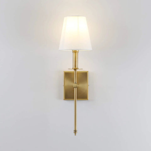 Set of 2 Rustic Industrial Wall Sconces With Flared White Textile Shades and Antique Brass Tapered Column Stands, Hardwired E26 Base, Vintage Modern Lighting for Living Room, Hallway, Bedroom
