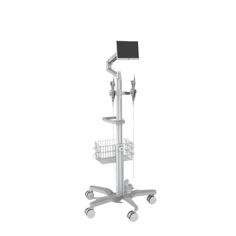 Smooth Rolling Laptop Cart With No Sweat Height Adjustments And Tilting Top For Game Changing Mobile Computer Workstation Or Your Cozy Studio Breeze, silver aluminum cart with adjustable height and casters.