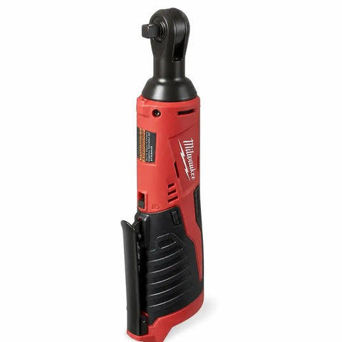 Heavy Duty M12 Three Eighth Drive Cordless Ratchet Battery Operated Power Tool Boasting Kickass Torque And Rock Solid Build Perfect For Greasy Garage Jobs And Red Finish Projects No Sweat, side view of red and black cordless tool.