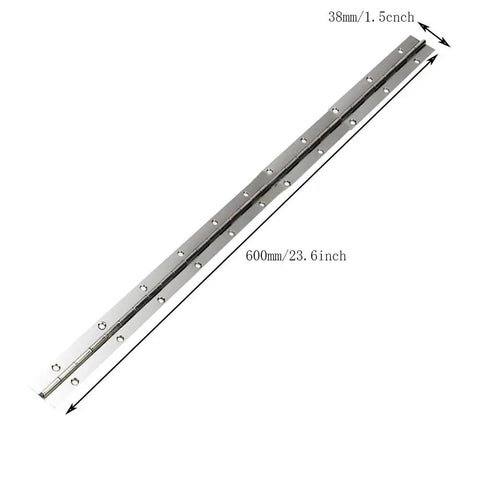 Heavy Duty Stainless Steel Chrome Continuous Piano Hinge For Cabinets And Doors, 24 Inch Long, showing pre drilled holes.