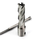 Front view of OSCARBIDE 5/8x2 HSS annular cutter with 3/4 in Weldon shank and pilot pin for magnetic drill