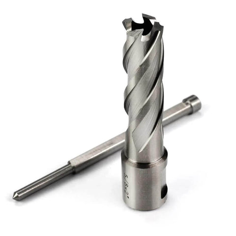 Front view of OSCARBIDE 5/8x2 HSS annular cutter with 3/4 in Weldon shank and pilot pin for magnetic drill