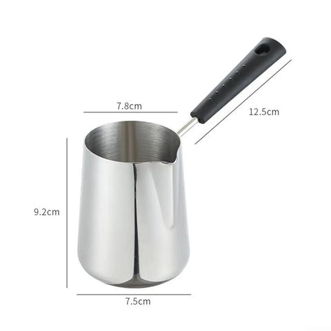 Stainless Steel Turkish Coffee Pot And Moka Style Saucepan For Brewing Coffee Melting Chocolate Heating Milk And Sauces 350Ml 600Ml 900Ml With Pouring Spout Durable Kitchen Vessel For Everyday Kitchen Hustle shown from side with handle.