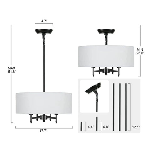 Dimensions of 4 Light Drum Chandelier Black Pendant Light with White Fabric Shade for Kitchen Island Foyer and Living Room