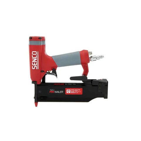 Pro Grade Pneumatic Pin Nailer For Cabinet Trim And Fine Woodworking Ships Ready Using Twenty One Gauge Straight Collated Pins From Half Inch To Two Inches side view with ergonomic grip and oil-free features.