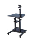 Height Adjustable Standing Laptop Desk With Smooth Rolling Wheels For An Ergonomic Sit Stand Workspace That Brings A Hella Fresh Vibe To Small Bedrooms And Cozy Home Office Setups, featuring black top and adjustable height from 28 to 43 inches.