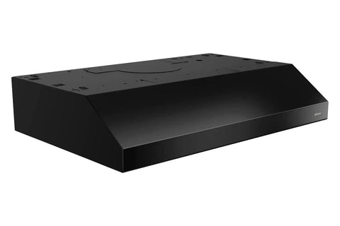 Glacier 30-Inch Under-Cabinet Range Hood With Integrated Light And Exhaust Fan, Black Finish, shown from the side angle.