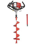 Partner Up 1 Or 2 Man Earth Auger With 52cc 2 Cycle Engine And Extension, Dual Throttle Handles, shown with red auger bit and handle extension.