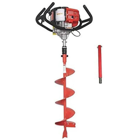 Partner Up 1 Or 2 Man Earth Auger With 52cc 2 Cycle Engine And Extension, Dual Throttle Handles, shown with red auger bit and handle extension.