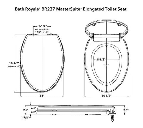 Bath Royale BR237 MasterSuite Elongated Soft Close Toilet Seat dimensions diagram, showing installation measurements and design details.