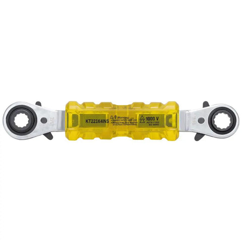 Lineman Insulating 4-In-1 Box Wrench With See-Through Handle 1000V Rated Includes 1/2 9/16 5/8 And 3/4 Inch Sockets 12 Point Reverse Ratcheting Pro Grade Heavy Duty Electrical Tool For Electricians with yellow see-through handle