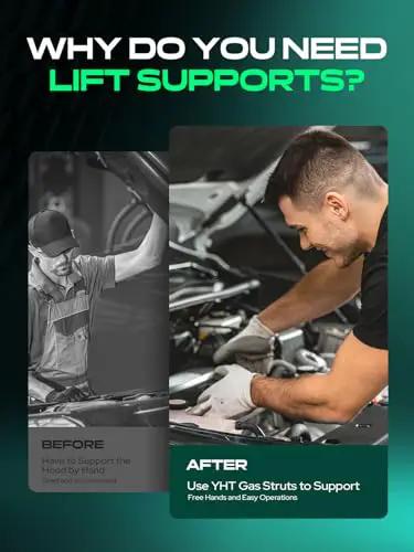 Comparison image of using Porsche Front Hood Lift Supports Set Of 2 Direct Fit Gas Struts Replacement for easy hood operation.