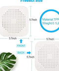 3 Pack 5.5 Inch Silicone Drain Covers With Strong Suction Bases Flat Square Hair Catchers For Showers And Kitchen Sinks Reusable Gray Strainers That Give You Clog Free Drains All Day Long showing size 5.7 inch details.