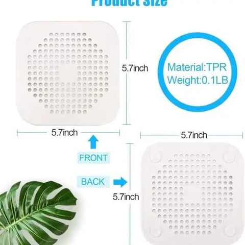 3 Pack 5.5 Inch Silicone Drain Covers With Strong Suction Bases Flat Square Hair Catchers For Showers And Kitchen Sinks Reusable Gray Strainers That Give You Clog Free Drains All Day Long showing size 5.7 inch details.