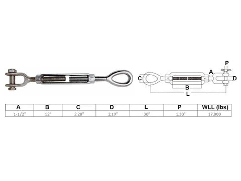 Drop Forged Jaw And Eye Turnbuckle One Point Five By Twelve Inch 17000 Pounds WLL T316 Stainless Steel Marine Hardware dimensions and specifications