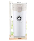 Dope 380 Ml Double Wall Stainless Steel Coffee Mug With Solid Lock Leak Proof Push Button Lid and Built In Mesh Filter, dimensions displayed.