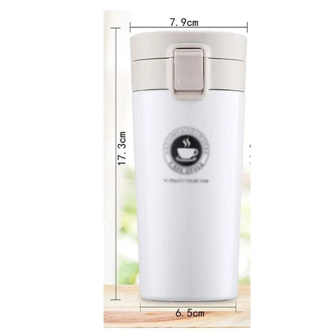 Dope 380 Ml Double Wall Stainless Steel Coffee Mug With Solid Lock Leak Proof Push Button Lid and Built In Mesh Filter, dimensions displayed.