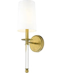 One Light Wall Sconce 808-1S-RB-WH Brass Finish with white shade and crystal accent, coastal style lighting fixture.