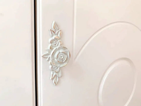 Four Pack 102mm Vintage Rose Cabinet Knobs With Backplates Zinc Alloy Flower Drawer Pulls For Dresser Vanity Nightstand Cupboard Ivory White And Gold Edge Finish Easy One Hole Install installed on white cabinet